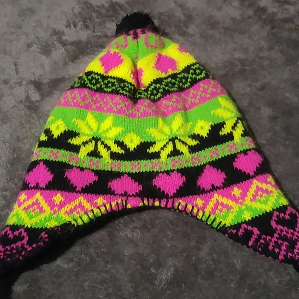 Neon Knit Trapper Hat With Black Pom And Braids - Picture 3 of 4